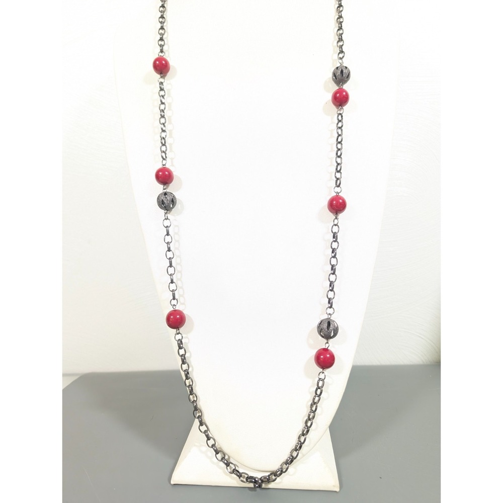 Gunmetal Filigree Ball Pink Bead Layering Necklace Goth Boho Y2K 42 inch